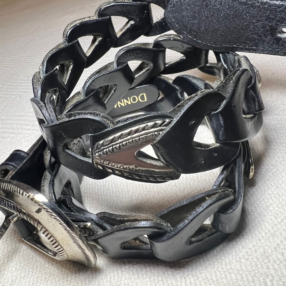 Donna Katz Vintage 90s Black Leather Western Link Belt Silver Buckle Medium